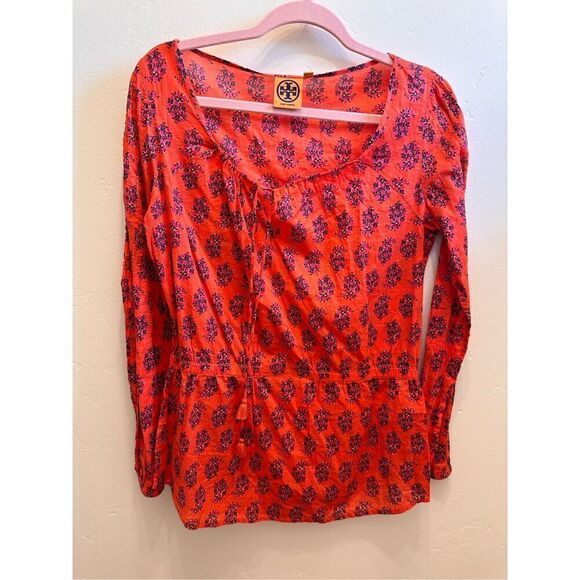 Tory Burch Orange and Pink Floral Long Sleeve Top Size 8 - Picture 1 of 4